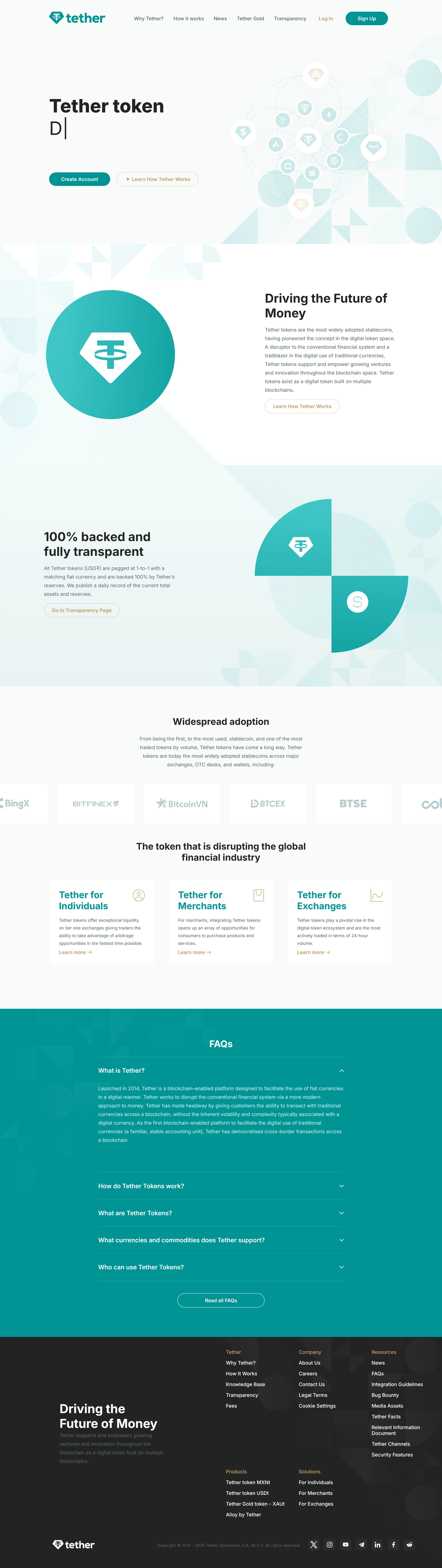 Tether Homepage', 'caption': 'The main landing page for Tether, highlighting its role as a digital dollar and its 100% backing.